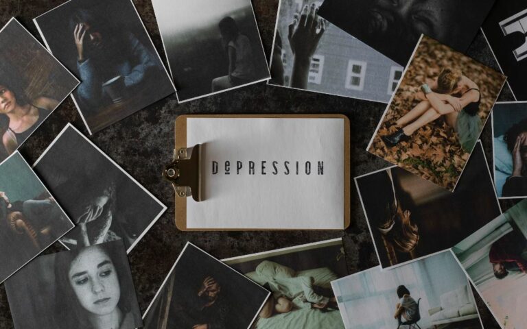 Images of women showing signs of sadness and depression, centered around a clipboard with the word “Depression,” symbolizing the hidden struggles many expat women face.