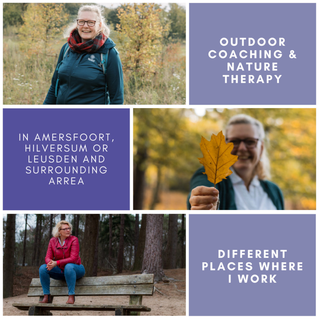 Collage of Cat Boersma offering outdoor coaching and nature therapy in Amersfoort, Hilversum, and Leusden, showing peaceful forest and park settings where expat women can find clarity and support.